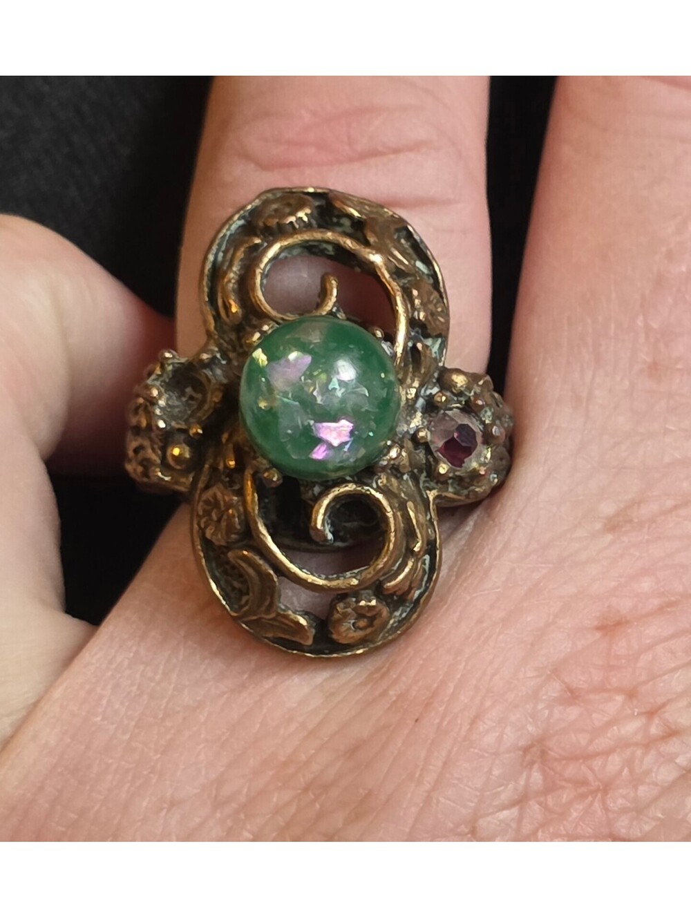 Vintage Brass Filigree Statement Ring Green Dragon’s Breath Foil Cabochon